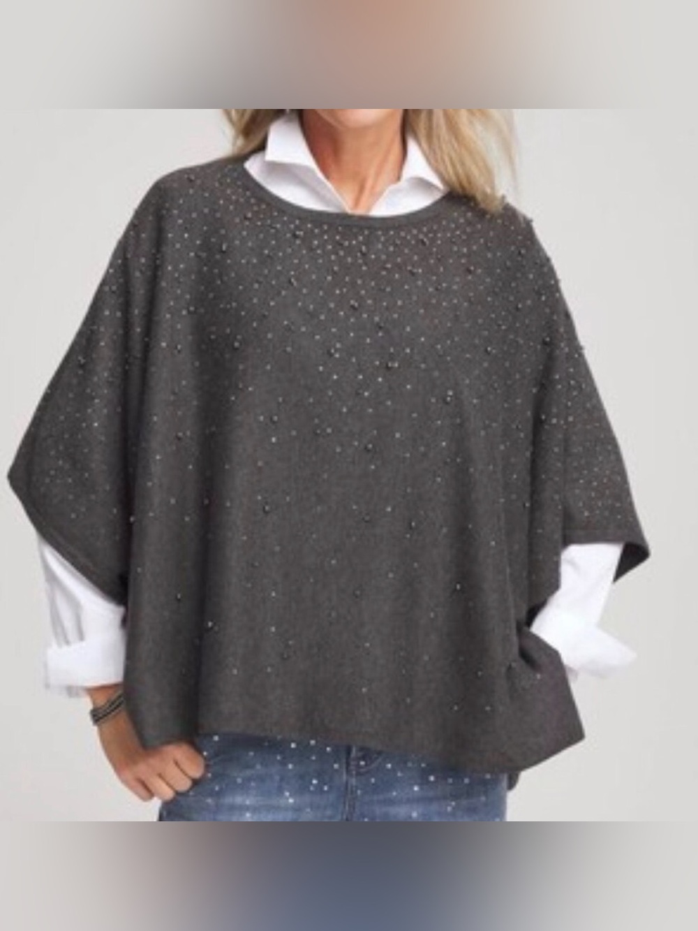Chico’s Dark Gray Faux Pearl Cashmere Blend Embellished Poncho L/XL